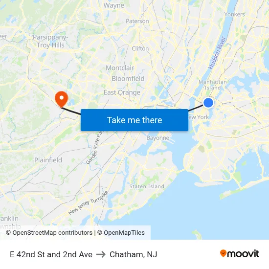 E 42nd St and 2nd Ave to Chatham, NJ map