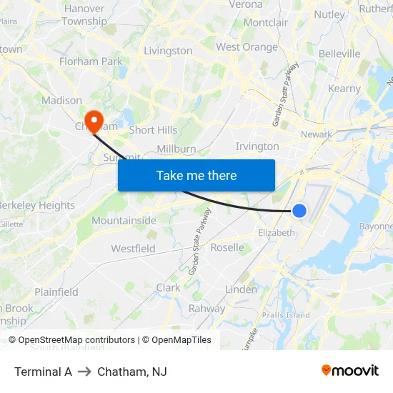 Terminal A to Chatham, NJ map