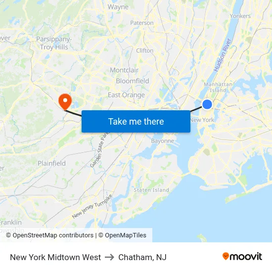 New York Midtown West to Chatham, NJ map