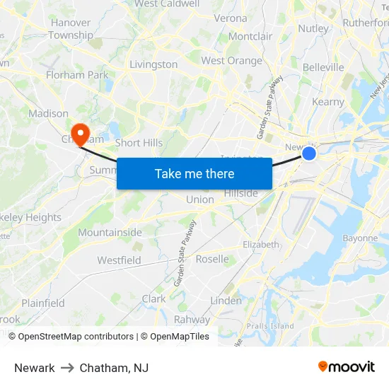 Newark to Chatham, NJ map