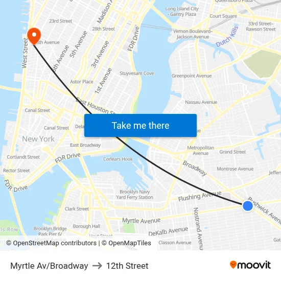 Myrtle Av/Broadway to 12th Street map