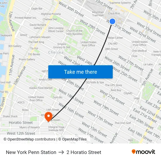 New York Penn Station to 2 Horatio Street map