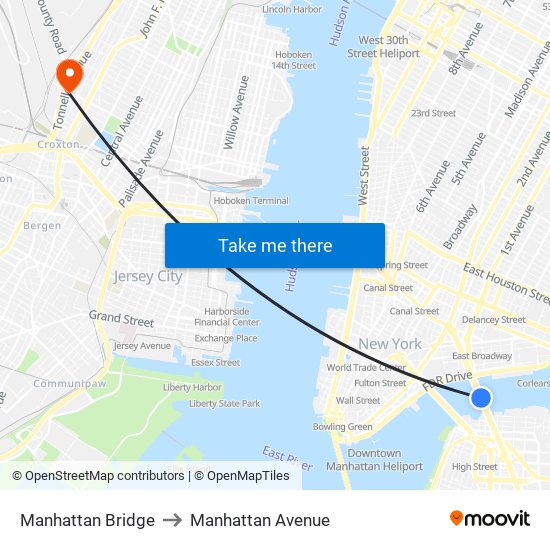 Manhattan Bridge to Manhattan Avenue map