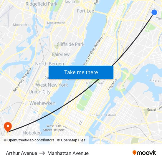 Arthur Avenue to Manhattan Avenue map