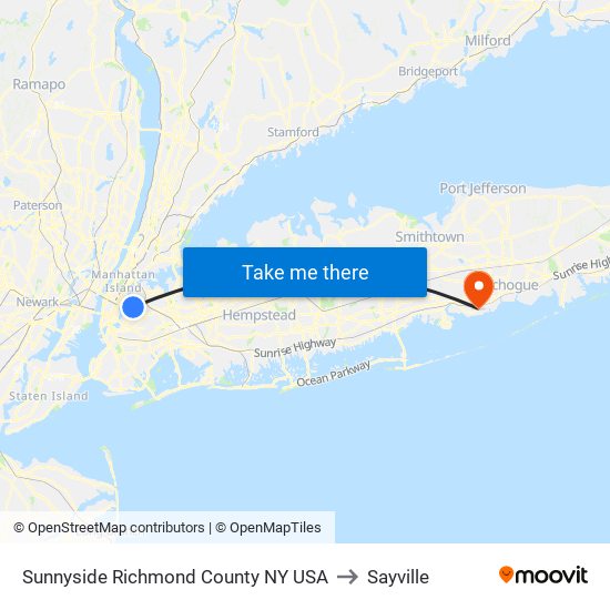 Sunnyside Richmond County NY USA to Sayville map