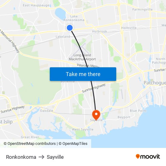 Ronkonkoma to Sayville map