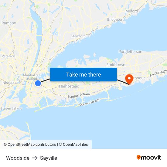Woodside to Sayville map