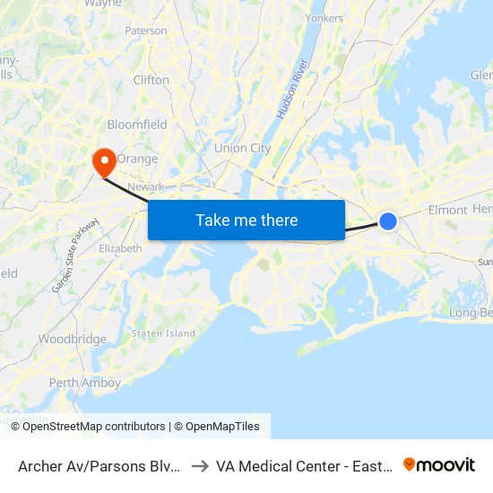 Archer Av/Parsons Blvd Bay D to VA Medical Center - East Orange map