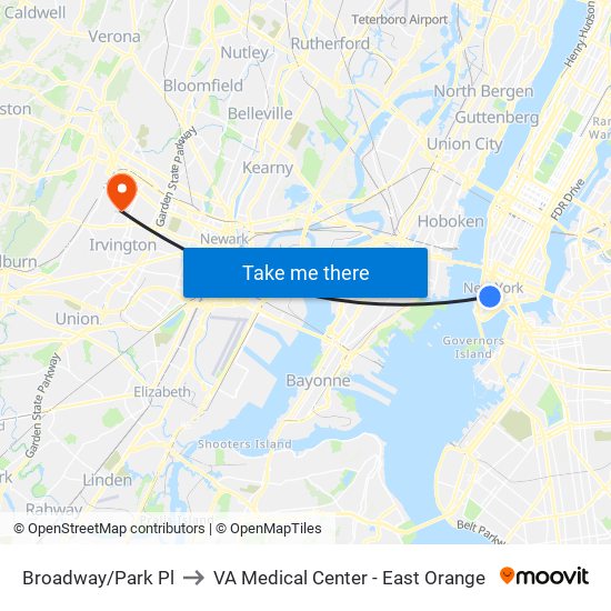 Broadway/Park Pl to VA Medical Center - East Orange map