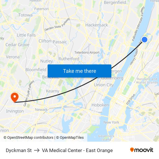 Dyckman St to VA Medical Center - East Orange map