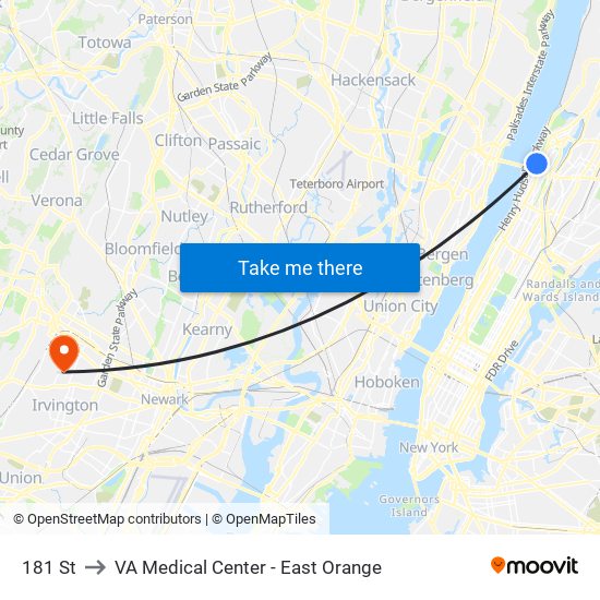 181 St to VA Medical Center - East Orange map