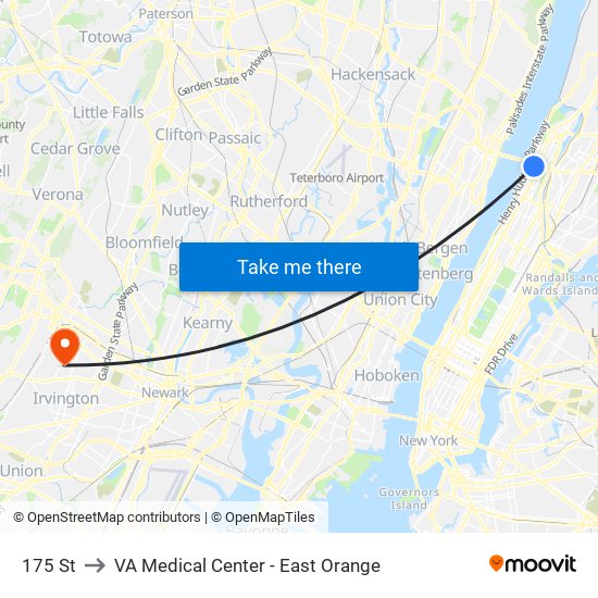 175 St to VA Medical Center - East Orange map