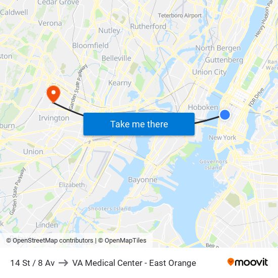 14 St / 8 Av to VA Medical Center - East Orange map