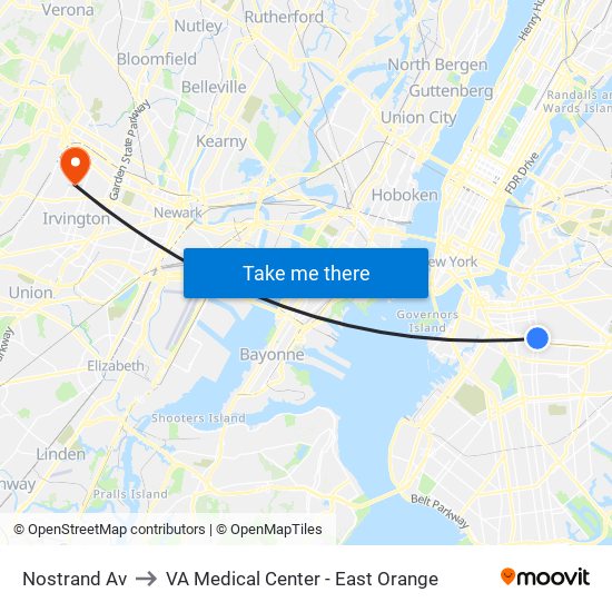 Nostrand Av to VA Medical Center - East Orange map