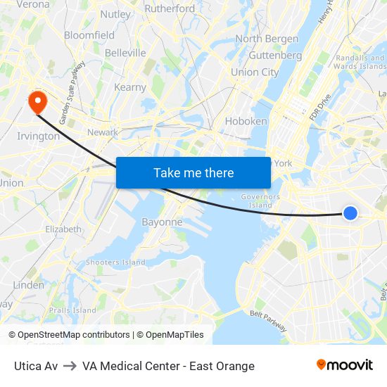 Utica Av to VA Medical Center - East Orange map