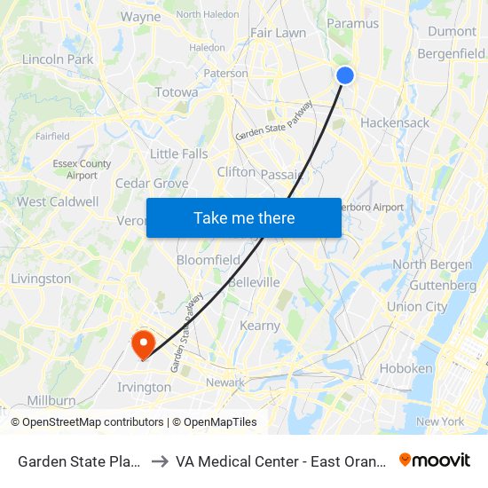 Garden State Plaza to VA Medical Center - East Orange map