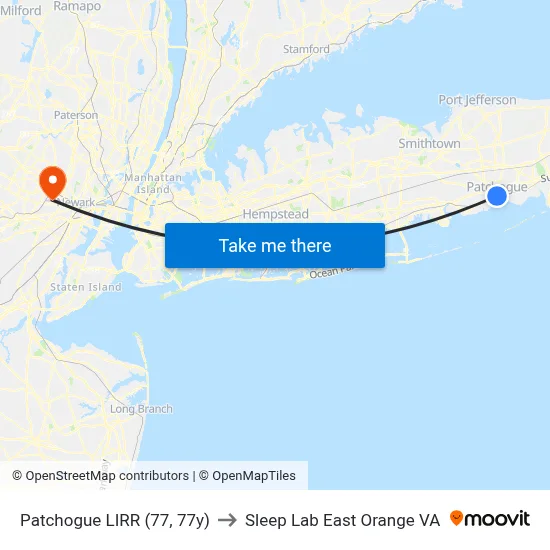 Patchogue LIRR (77, 77y) to Sleep Lab East Orange VA map