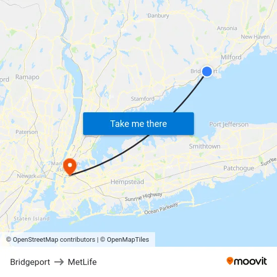 Bridgeport to MetLife map