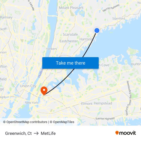Greenwich, Ct to MetLife map