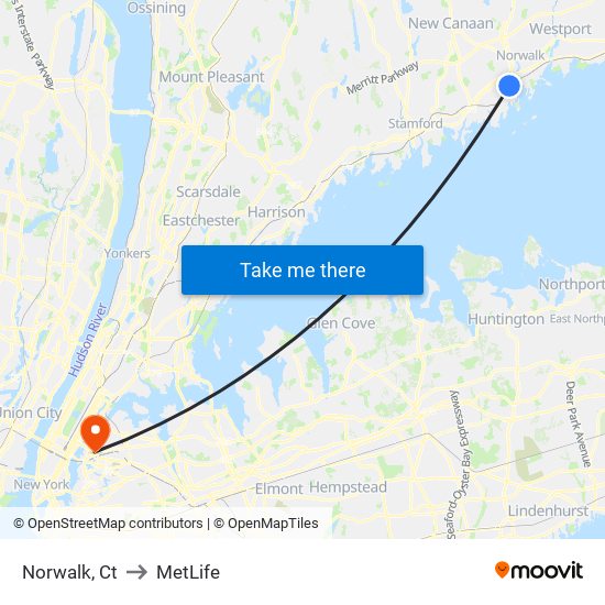 Norwalk, Ct to MetLife map