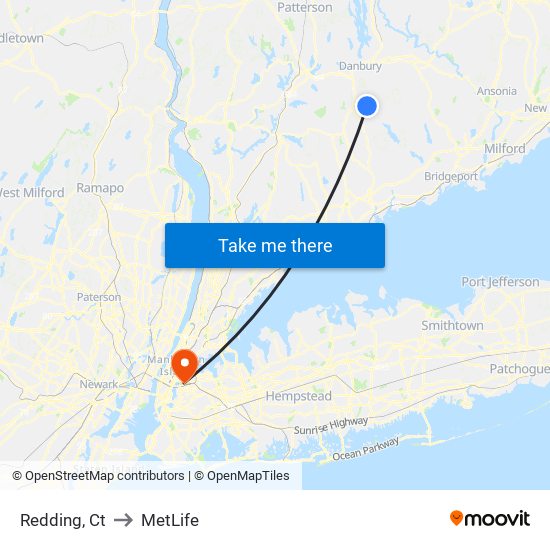 Redding, Ct to MetLife map