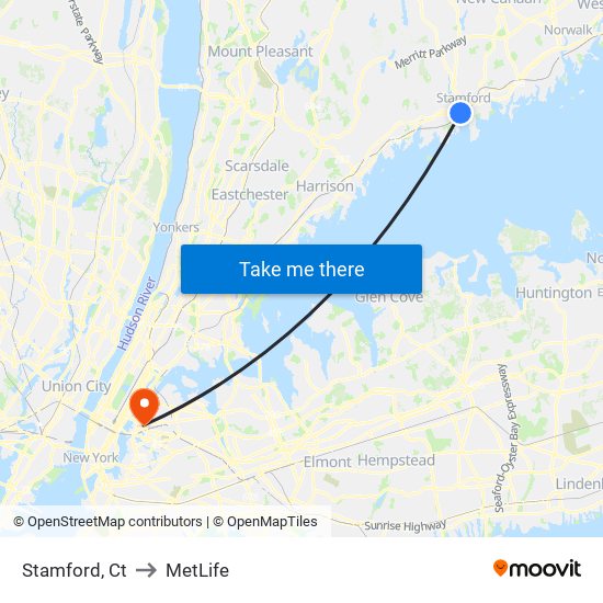 Stamford, Ct to MetLife map