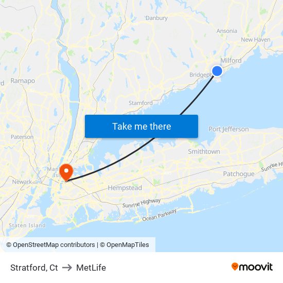 Stratford, Ct to MetLife map