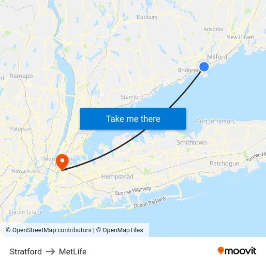 Stratford to MetLife map