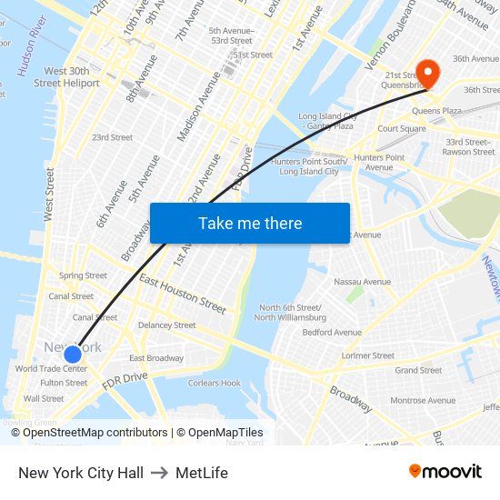 New York City Hall to MetLife map