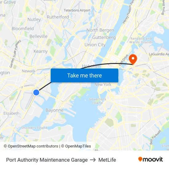 Port Authority Maintenance Garage to MetLife map