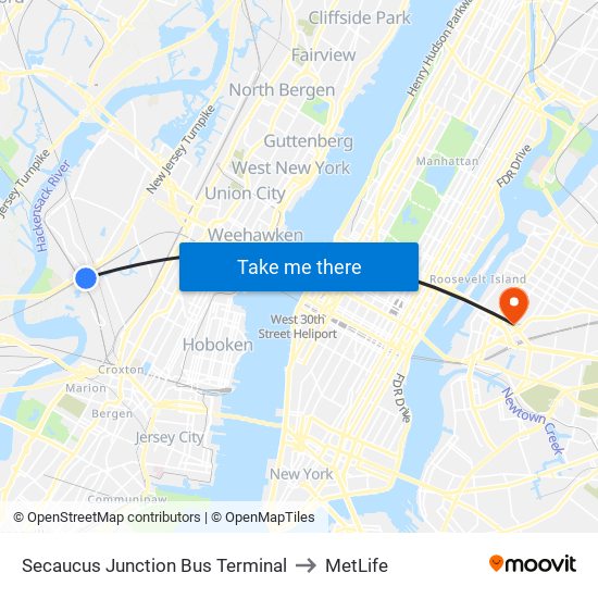 Secaucus Junction Bus Terminal to MetLife map