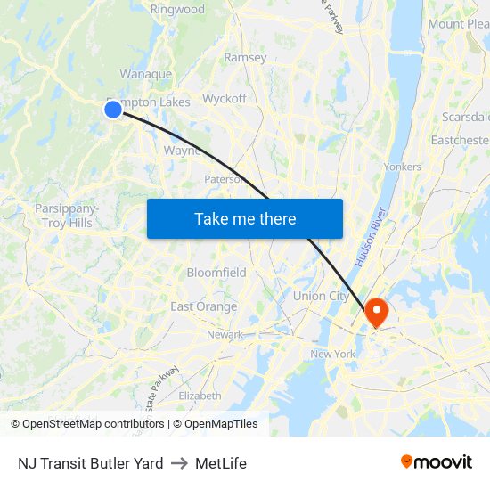 NJ Transit Butler Yard to MetLife map