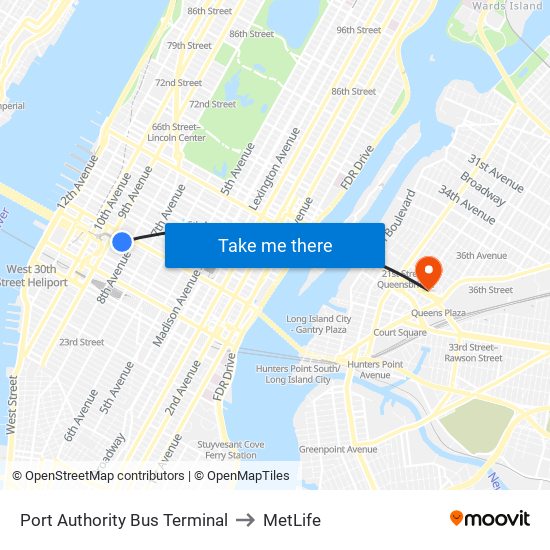 Port Authority Bus Terminal to MetLife map