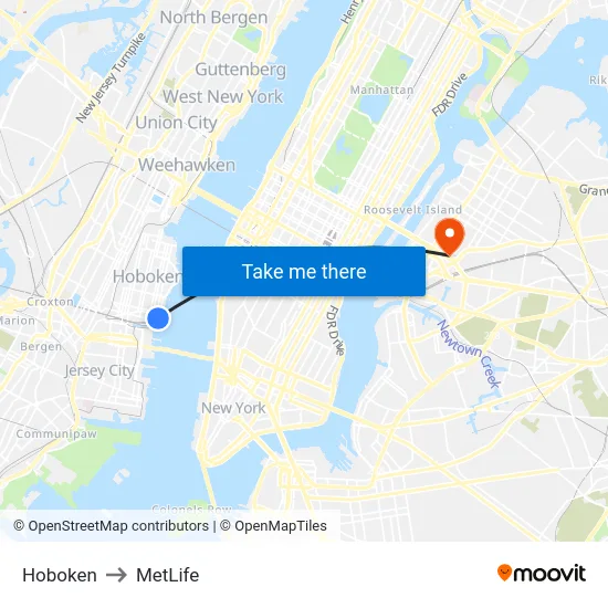 Hoboken to MetLife map