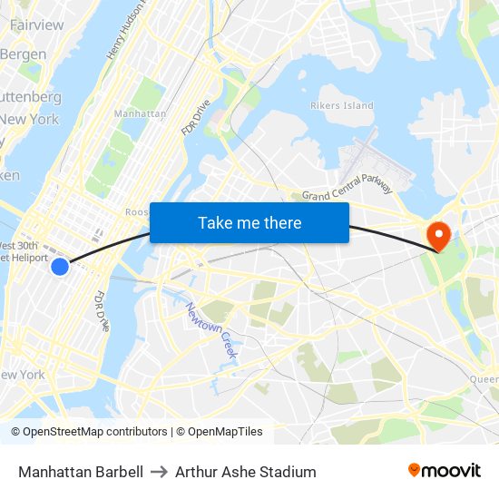 Manhattan Barbell to Arthur Ashe Stadium map