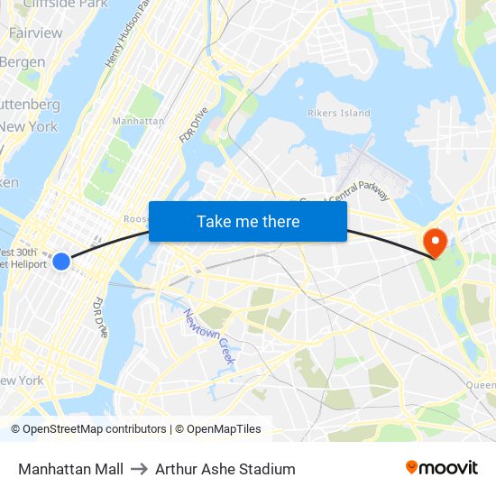 Manhattan Mall to Arthur Ashe Stadium map