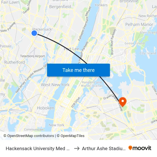 Hackensack University Med Ctr to Arthur Ashe Stadium map