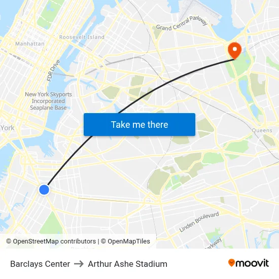 Barclays Center to Arthur Ashe Stadium map