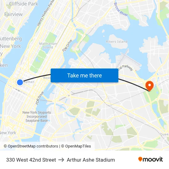 330 West 42nd Street to Arthur Ashe Stadium map