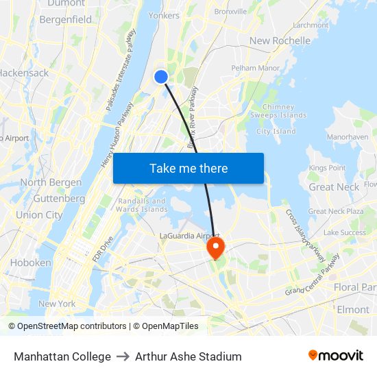 Manhattan College to Arthur Ashe Stadium map
