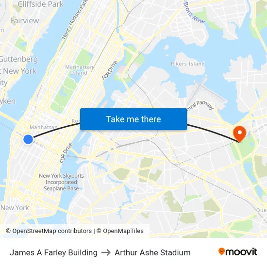 James A Farley Building to Arthur Ashe Stadium map
