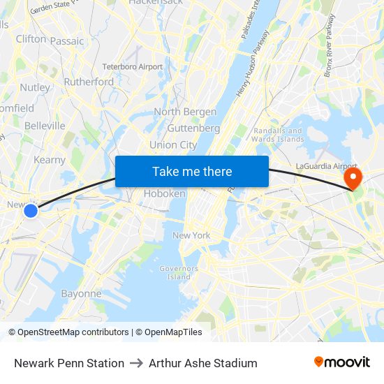 Newark Penn Station to Arthur Ashe Stadium map