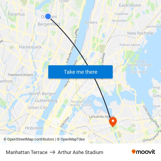 Manhattan Terrace to Arthur Ashe Stadium map