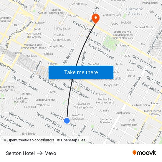 Senton Hotel to Vevo map