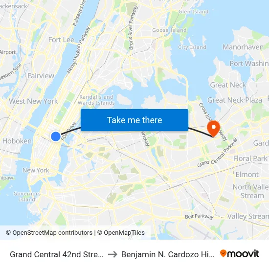 Grand Central 42nd Street Station to Benjamin N. Cardozo High School map