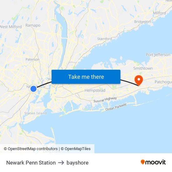 Newark Penn Station to bayshore map