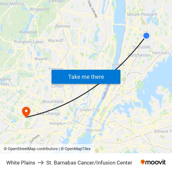 White Plains to St. Barnabas Cancer / Infusion Center map