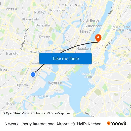 Newark Liberty International Airport to Hell's Kitchen map