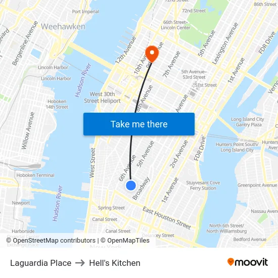 Laguardia Place to Hell's Kitchen map