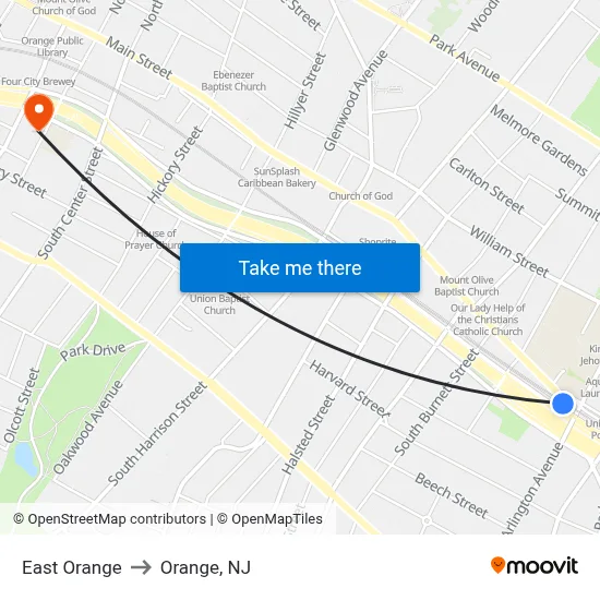 East Orange to Orange, NJ map